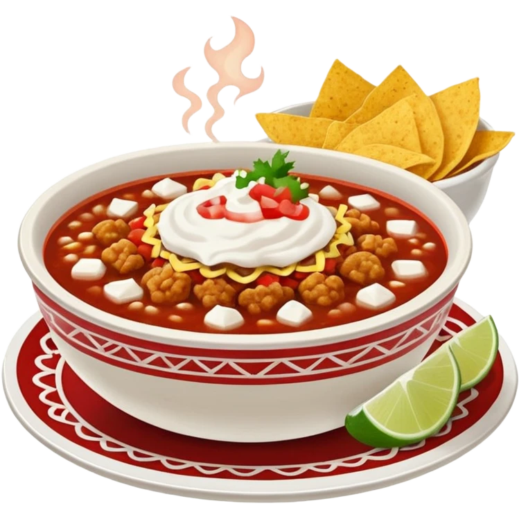 a hot bowl of pozole with a side of tostada with sour cream and red salsa emoji