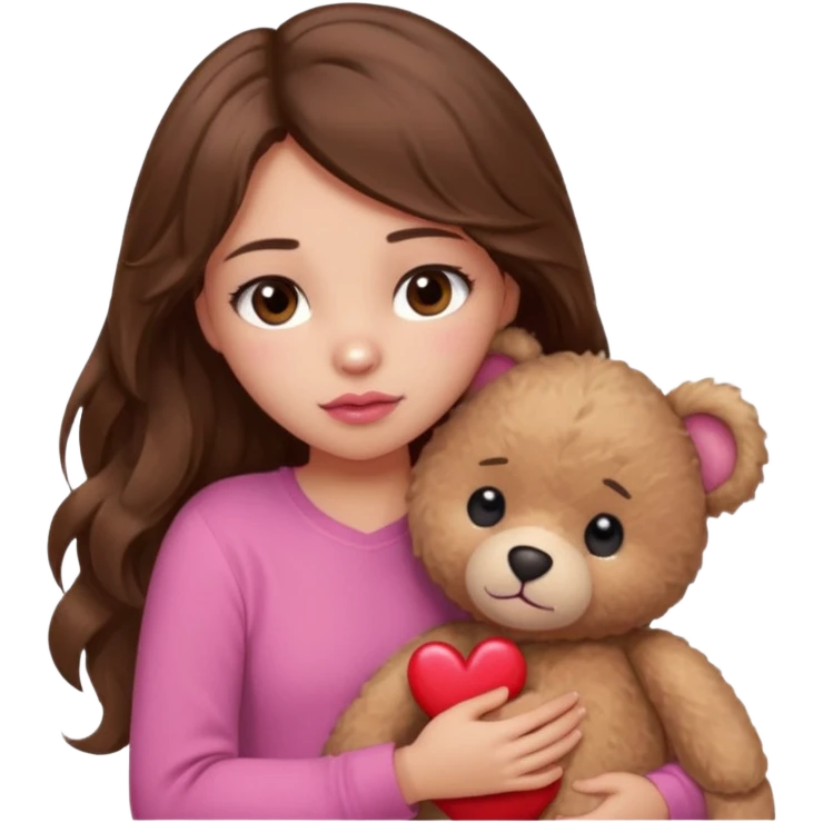 girl with long wavy brown hair, brown eyes, light to medium complexion, in a pink shirt, pink lips, long lashes, sad, hugging a teddy bear with a  heart emoji