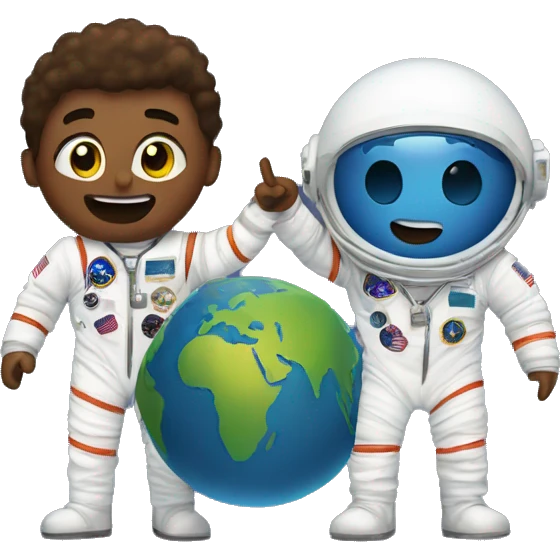 earth with astronaut looking at it and another astronaut behind him pointing at him behind his back emoji