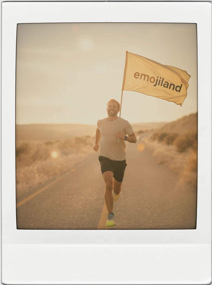happy runner waving a flag that says 'emojiland' emoji