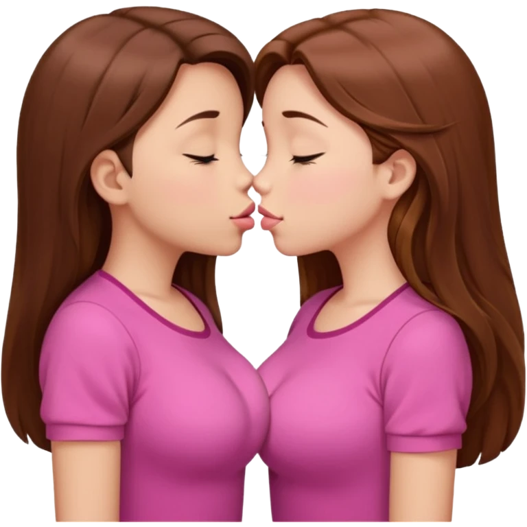 two 5 year old gals about to kiss on the lips, lips extremely close but not touching, pink shirts, long brown hair, biggest boobs in the world, eyes closed emoji