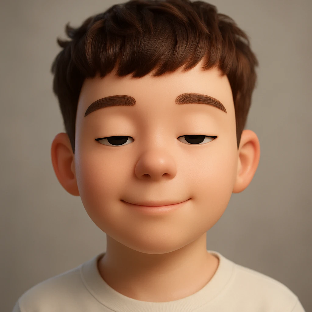 Create an ultra-realistic 3D emoji-style portrait of a human face with a calm and relaxed expression, inspired by Apple Memoji or Pixar characters. The character should have smooth, rounded facial features, large slightly closed eyes, a subtle soft smile, and a neutral relaxed brow. Use clean glossy surfaces, pastel skin tones, and soft cinematic lighting. The face should appear peaceful, friendly, and emotionally balanced. Render in 4K quality with a softly blurred neutral background. emoji