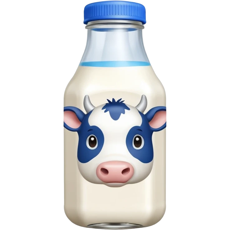 A 3D cartoon glass bottle of cow’s milk — white liquid, blue cap, clear reflections, Memoji-style rendering. emoji