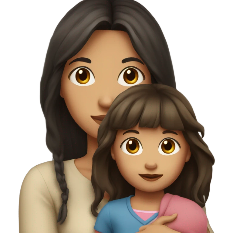 girl with long dark hair with bangs and brown eyes and her toddler emoji