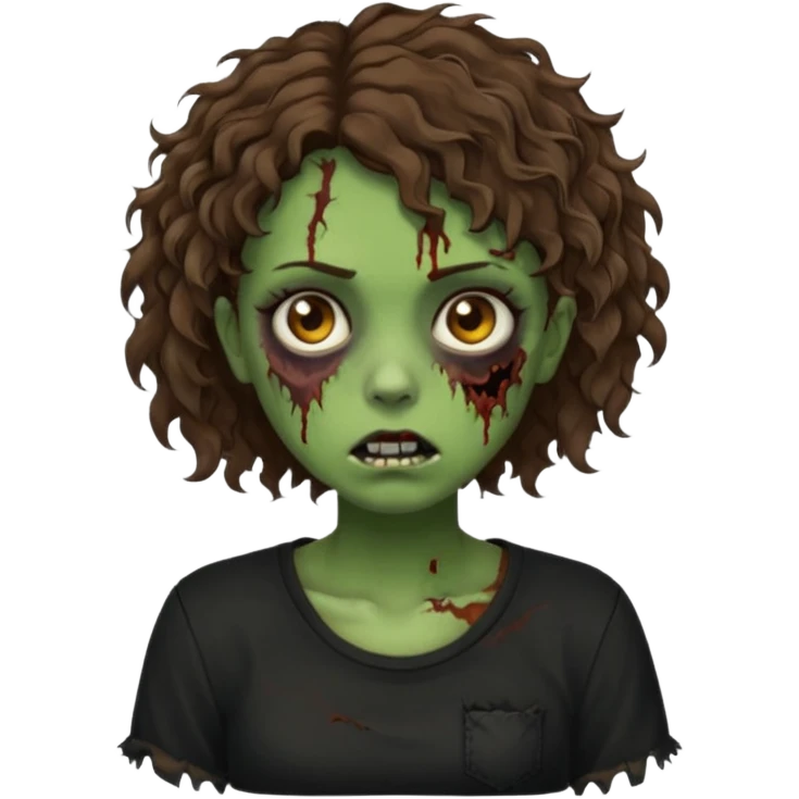 Zombie girl emoji verde com cabelo curto cacheado castanho com uma blusa preta emoji