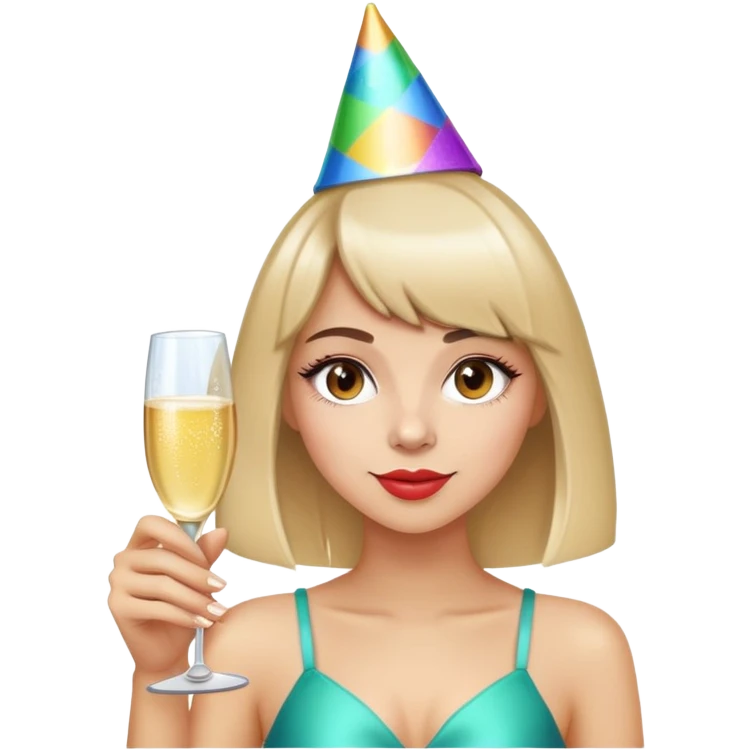 Birthday girl partying with drinks and lights and has brow banged hair emoji
