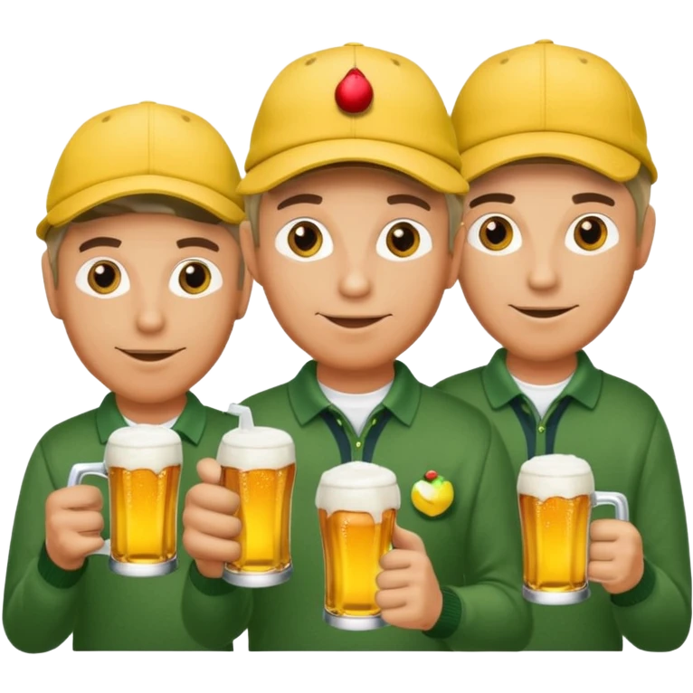 16 men on a golf trip wearing yellow golf caps all holding a beer can with a Xmas style label emoji