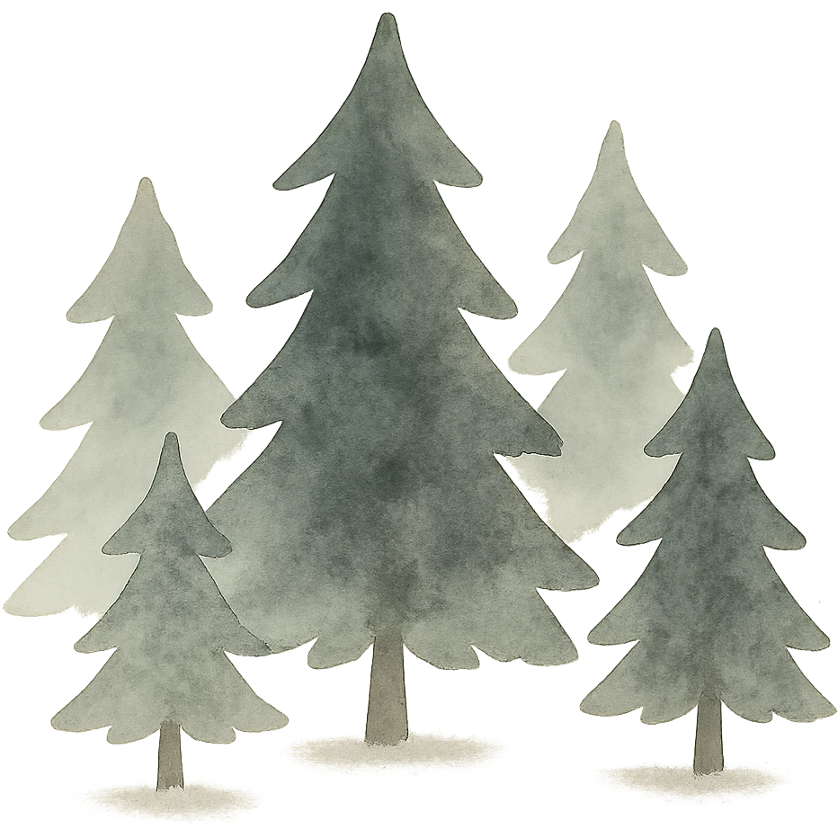 simple evergreen trees in folk art style, dark neutral forest color tones, watercolor texture with outlines, suitable for favicon emoji