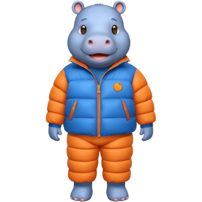 a full body of cute hippo with puffer clothes emoji