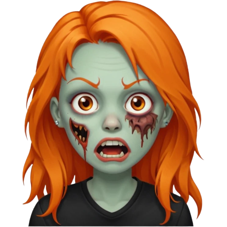 Faça uma zumbi feminina com cabelos longos e laranja, deve estar vestindo uma camisa preta e ter seus olhos castanhos escuro, não esqueça de colocar a sombrancelha da cor do cabelo e faça ela abrir um pouco a boca como um zumbi e adicione um piercing em seu nariz  emoji