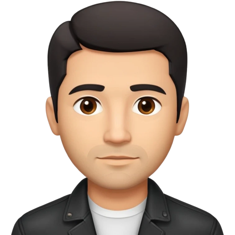Slightly older attractive broad-shouldered Hispanic TV presenter, light brown complexion, square face with defined jawline, short black hair with clear fade haircut, light scruff facial hair, friendly expression, unbuttoned black jacket with white shirt emoji