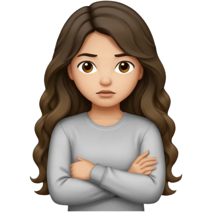 Hispanic light tan girl with long dark wavy hair with arms folded while pouting. Wearing a long sleeve. Hair with middle part. emoji