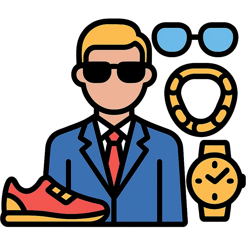 A stylish leader standing among luxury items: designer shoes, glasses, gold chains, and watches, clean minimal vector style emoji