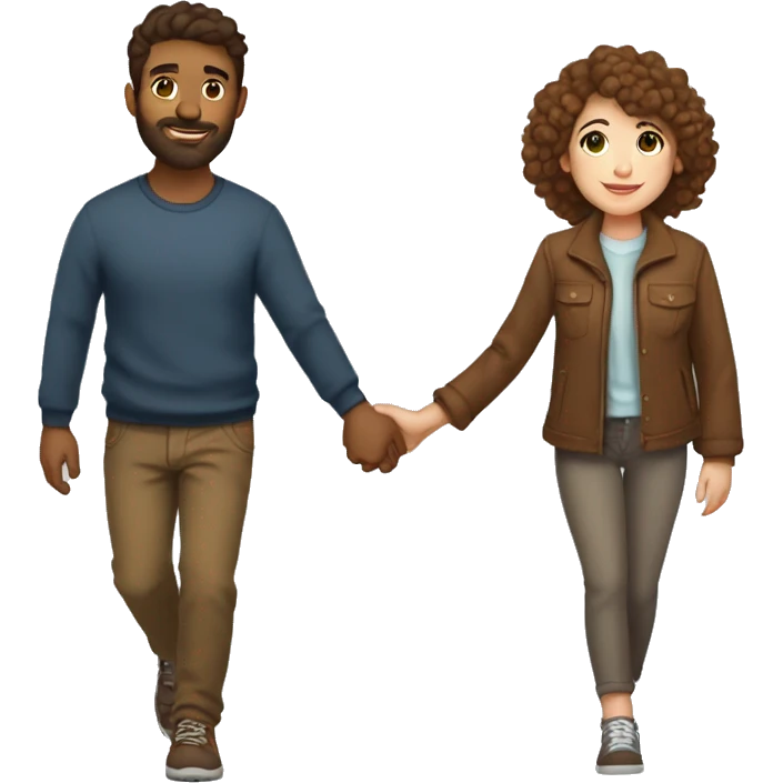 A beautiful brown-haired girl with a hairy brown-haired man with short hair walk by the hand and love each other emoji