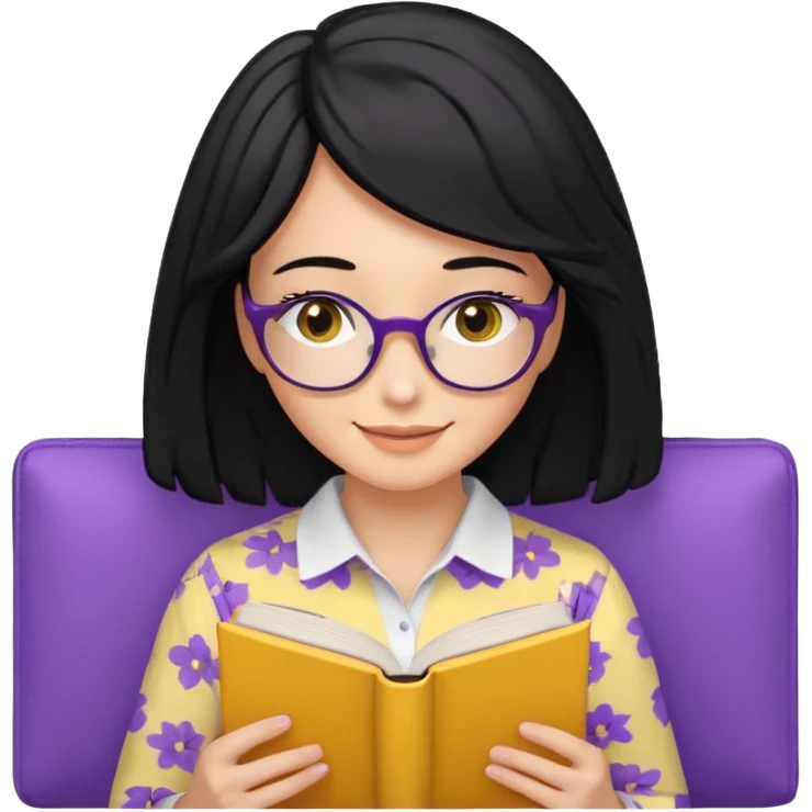 검정머리에 책읽고있는 여자. 해줘. 그리고 그 책으로 얼굴 반은 가린듯한 머리는 약간 파마 앞머리 없고 그리고 너무 무섭게 말고 책 읽는다고 얼굴 반은 가린듯한 책은 흰색에 보라색 노란색 섞여있고. 약간 미소 상의는  흰옷 . 아이폰 이모티콘 형태로 부탁 옷은 하얀색. 그리고 책은 흰색배경에 노란색 보라색 약간의 무늬 emoji