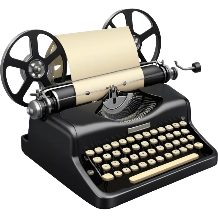 Create an emoji representing screenwriting. The design should feature an open script with visible dialogue and action lines, symbolizing the writing of a screenplay. Include a classic typewriter or a modern writing device, such as a laptop, to signify the process of creating a script. Optionally, add elements like a film reel or director's chair to emphasize the cinematic aspect of screenwriting. Use a professional color palette with black, white, and subtle metallic tones. Do not include any emojis or smiley faces. Make the background transparent. emoji