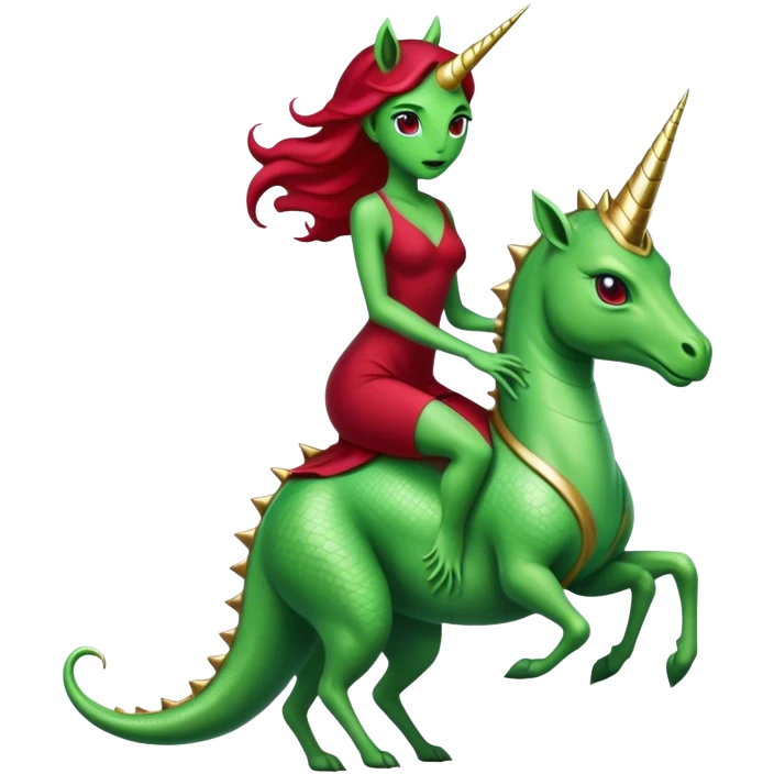"reptilian green alien woman" in "long slim dark red dress", rides, "unicorn gold and white"
 emoji