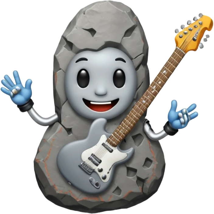 a rock with a happy face that is holding up a rock and roll hand and an electric guitar emoji