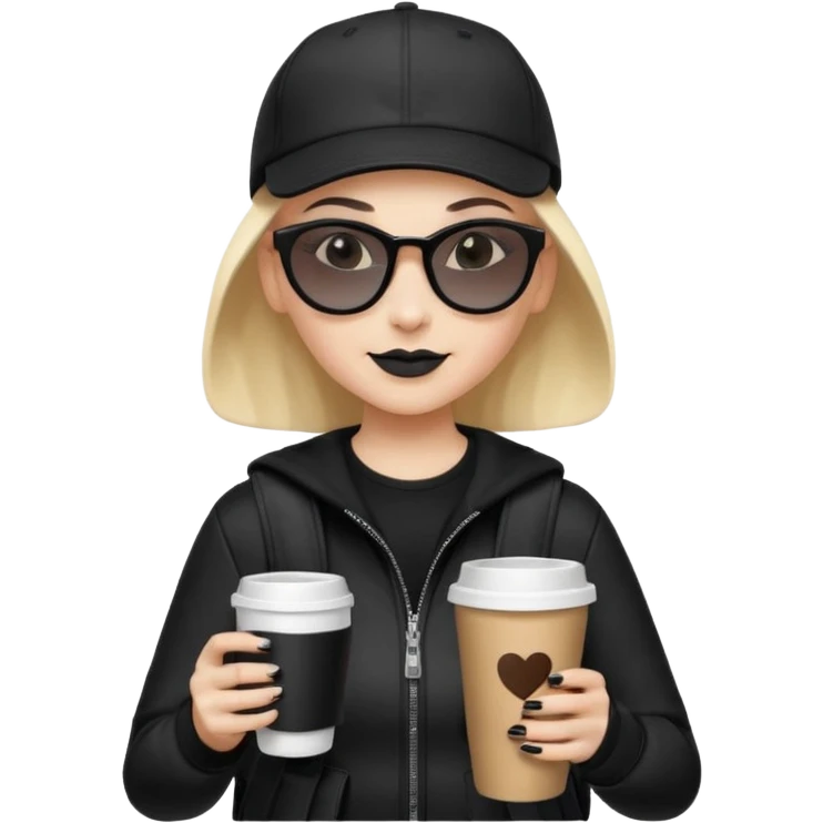 ["A happy woman with light skin, bald, wearing a baseball cap and sunglasses, dressed in goth fashion, is drinking coffee while holding a backpack."] emoji