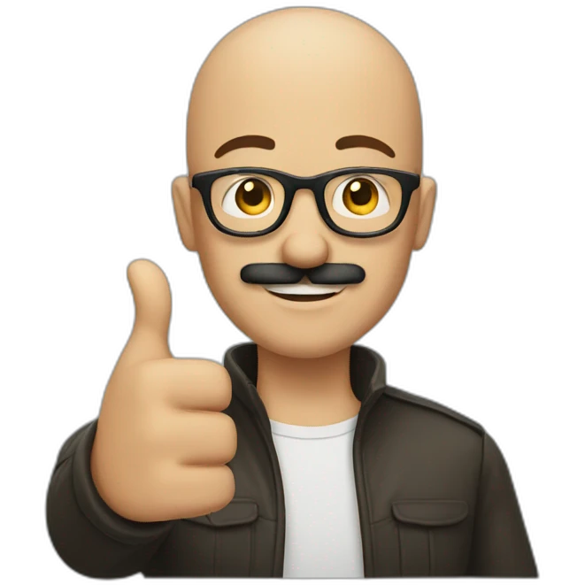 Bald young man with glasses and a mustasche doing thumbs up emoji