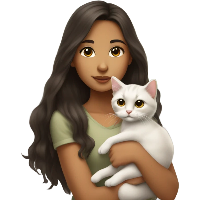 Eurasian girl with dark brown hair neutral tan olive skin long brown hair and brown eyes holding a kitten emoji