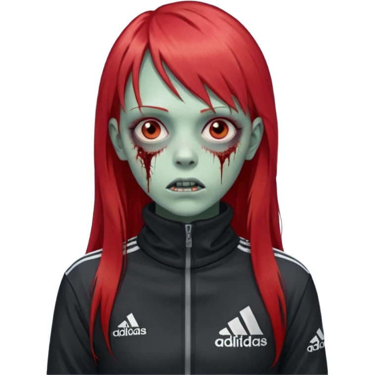 Crie um emoji de uma menina zumbi  com o cabelo vermelho longo com uma franja reta casaco de gola alta da adidas emoji