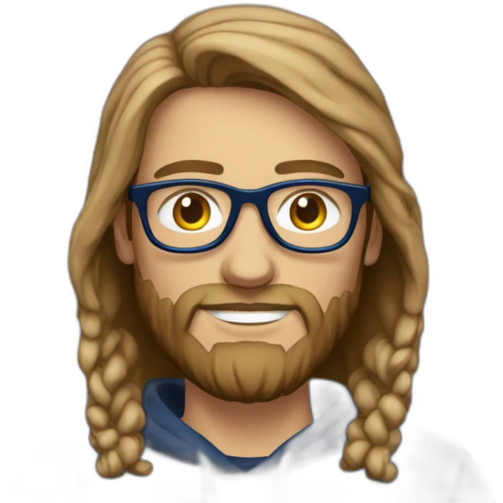 Brown hair white man with a beard and round glasses typing on apple computer wearing a dark blue nike hoodie emoji