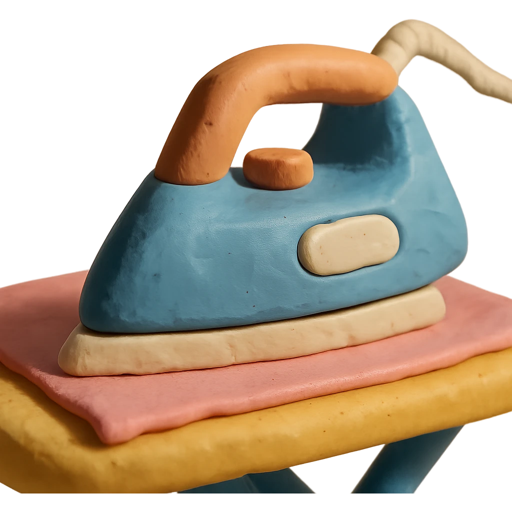 close-up of iron gliding over fabric on ironing board, soft lighting, pastel colors, claymation style emoji