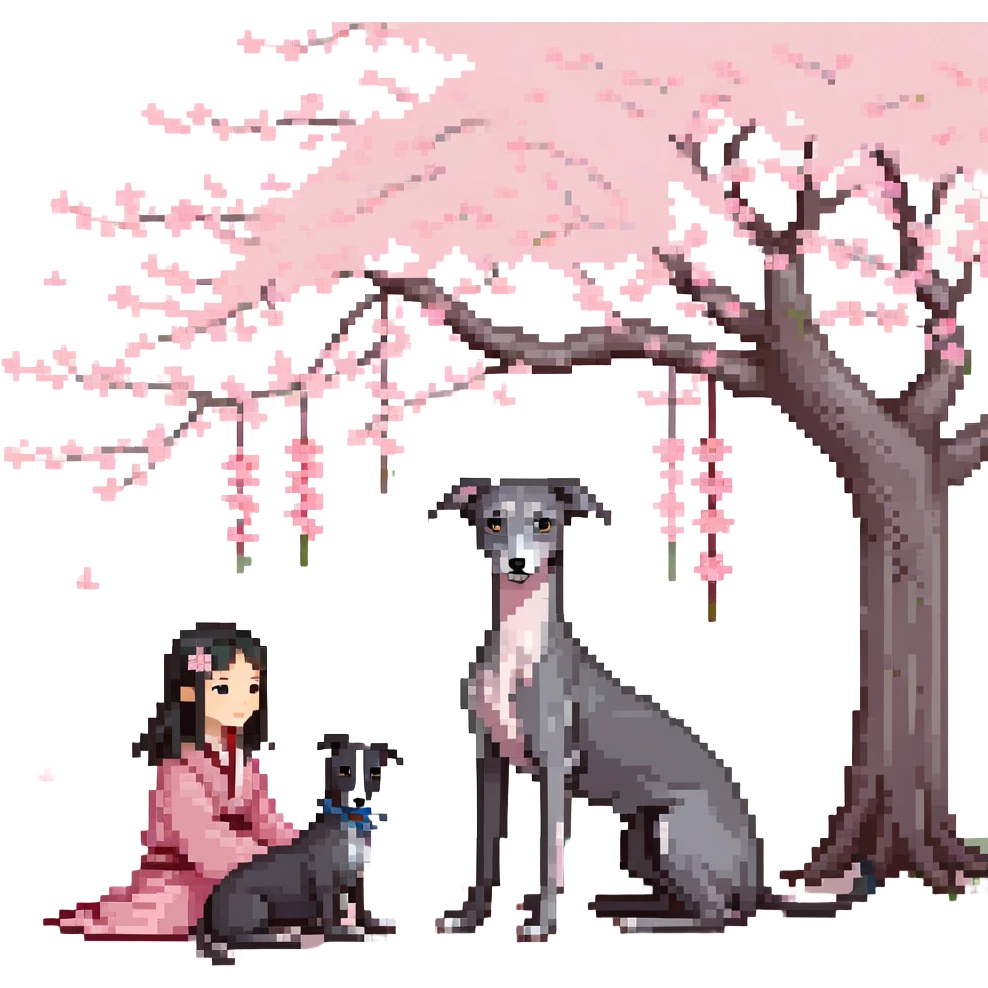 A young Chinese girl with long black hair and a pure dark grey Italian Greyhound with absolutely NO white markings anywhere on its body sitting under a cherry blossom tree. The dog must be completely solid dark grey with no white on muzzle, paws, or chest. emoji