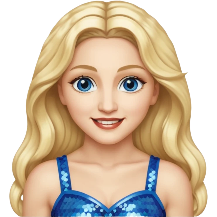 Madonna with blonde long hair, ivory sequin crop top, blue eye emoji