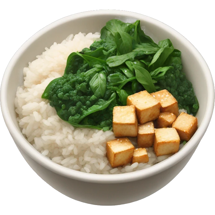 a bowl with white rice and crispy sesame tofu and spinach emoji