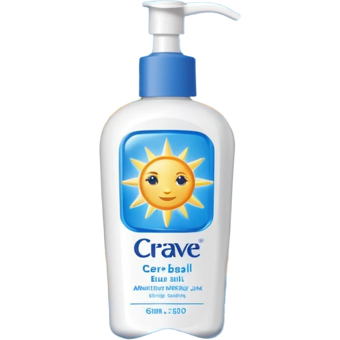 White CeraVe bottle with blue label and yellow “AM” badge, topped with a pump. Surrounded by radiant sun sparkles, soft UV-deflecting light rings, and a blue protective glow. Feels like a daytime skin shield potion in a sleek, glossy bottle. emoji
