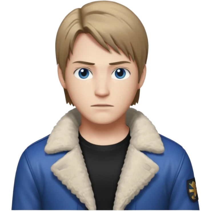 Leon Kennedy from resident evil 4 remake in sheepskin coat and black t-shirt blue eyes clean-shaved emoji