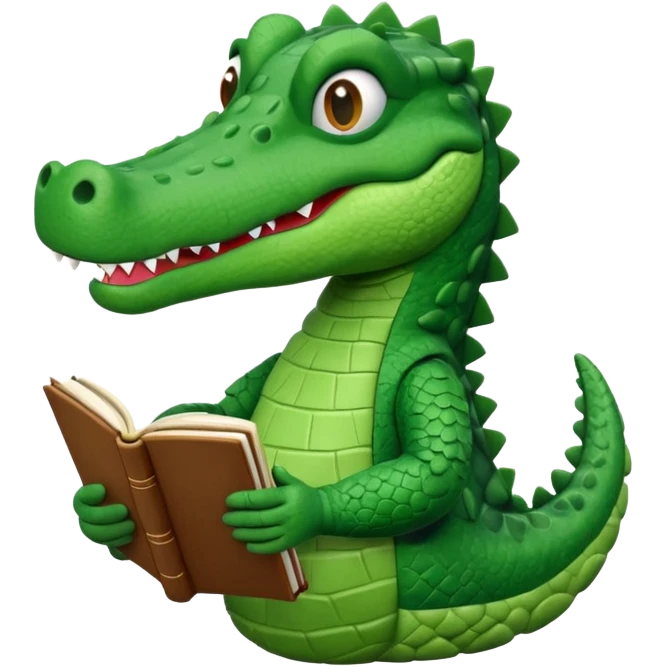 A claymation alligator with a book. The background is a solid white circle emoji