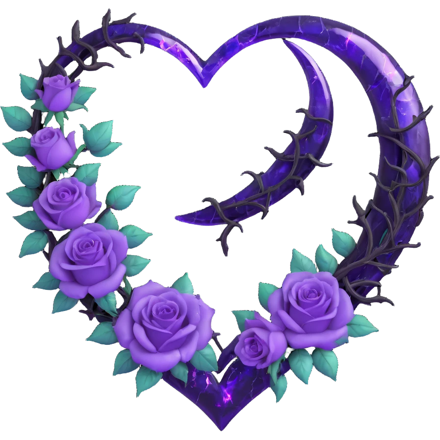 gothic heart made of midnight glass, silver crescent moon, glowing violet roses, holographic stardust, neon purple lightning, wet and cracked glass emoji