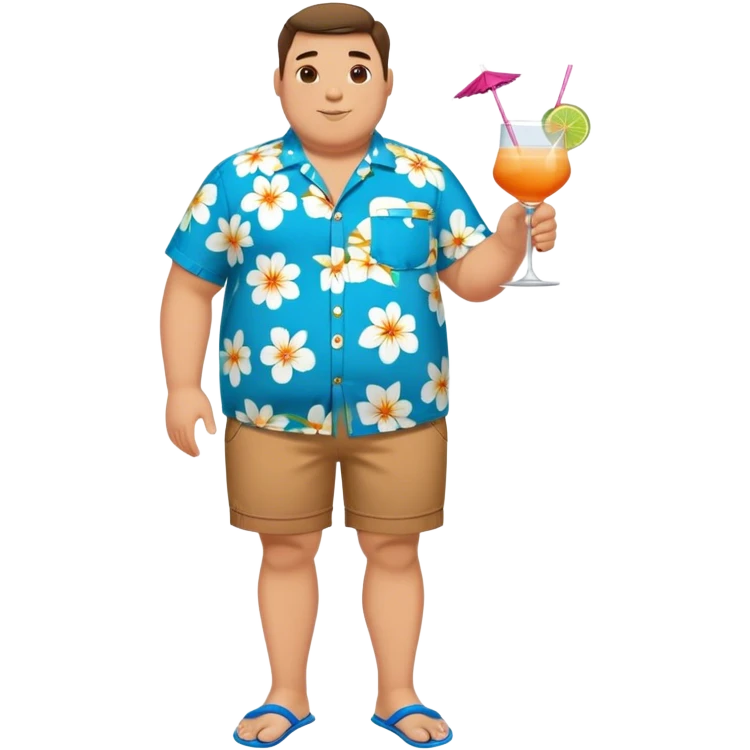 chubby guy full figure in a flowered azure havai shirt, brown shorts and flippers holding a cocktail emoji