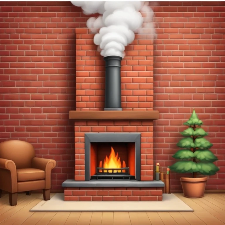 cozy red brick fireplace with a tall chimney and smoke rising from the chimney emoji