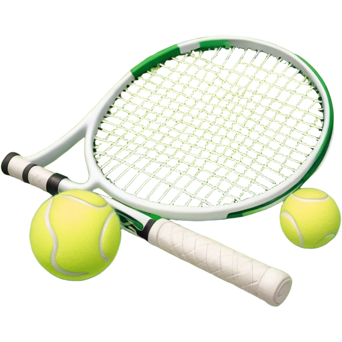 A tennis racket and a ball placed on a grassy court, with the net visible in the background. The scene captures the elegance and energy of the sport, with a vibrant green court and soft sunlight highlighting the equipment. emoji