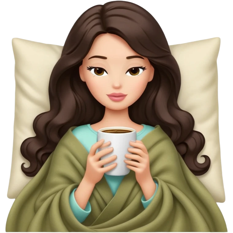 Barbie girl with a long wavy dark brown hair inside a pale olive blanket sipping coffee eyes closed emoji