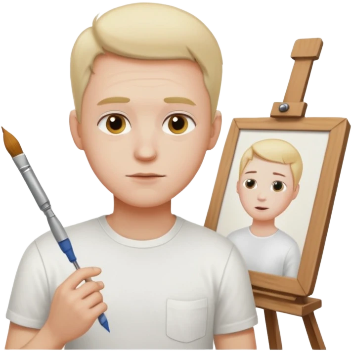 the white artist stands with his back to the painting, painting a portrait emoji