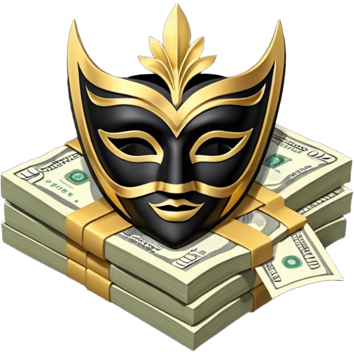 3D isometric icon, a sleek matt black Venetian mask with gold trim, resting on a single large stack of neatly bound US dollar bills, premium design, deep black background. emoji