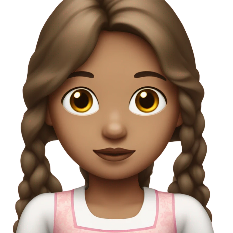 Little Girl with White skin, black eyes. Long brown hair with. She is wearing a pink and White dress emoji