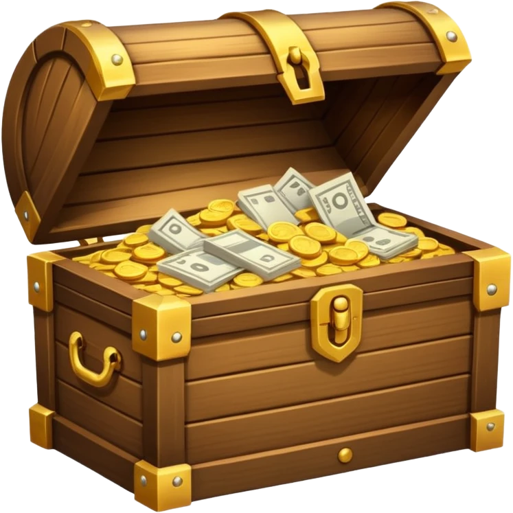 Glowing treasure chest overflowing with paper documents, sparkles, minimal style emoji