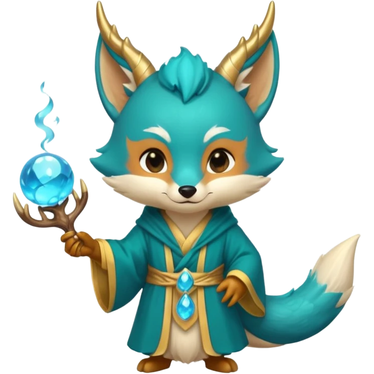 Chibi teal fox with small antler horns, confident magical expression, gold mark on forehead, teal-gold robe, holding glowing blue water orbs, with dragon tail with small antler horns emoji