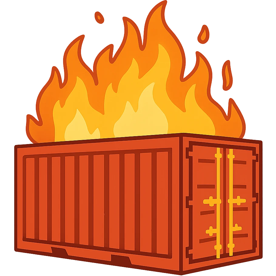 flat toon style shipping container on fire emoji