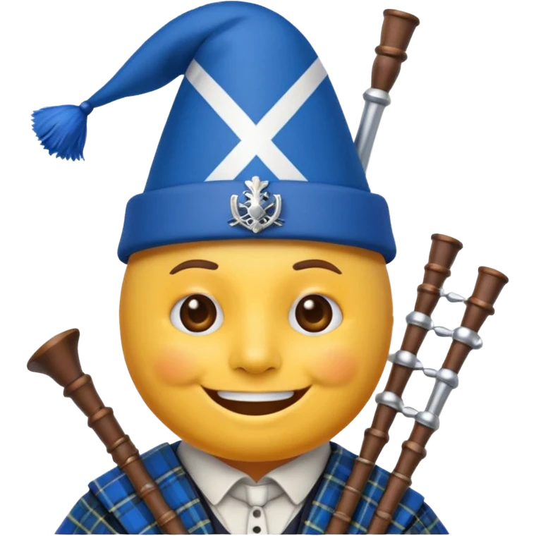 Create a smiling emoji based on "party face with party hat" emoji. Use a blue and white colors from the Scottish Saltire. Include bagpipes next to the emoji, incorporating tartan Blending scottish details blending into the design. emoji