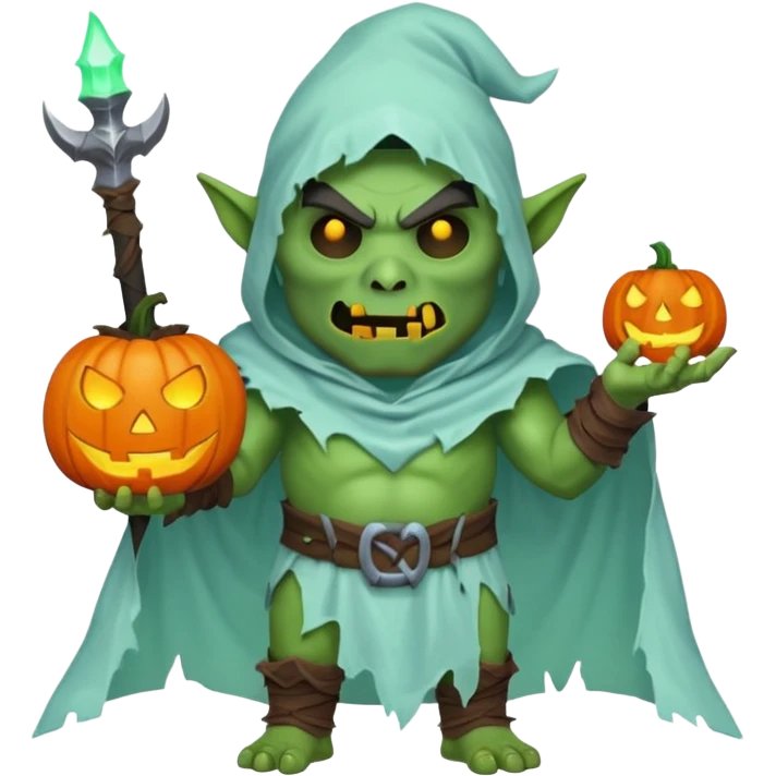 male orc warrior ghost emoji, green skin, tusks, wearing torn white ghost sheet costume, holding glowing jack-o'-lantern, faint blue aura, friendly but spooky expression, Halloween fantasy theme, Apple emoji style, clean white background, square emoji