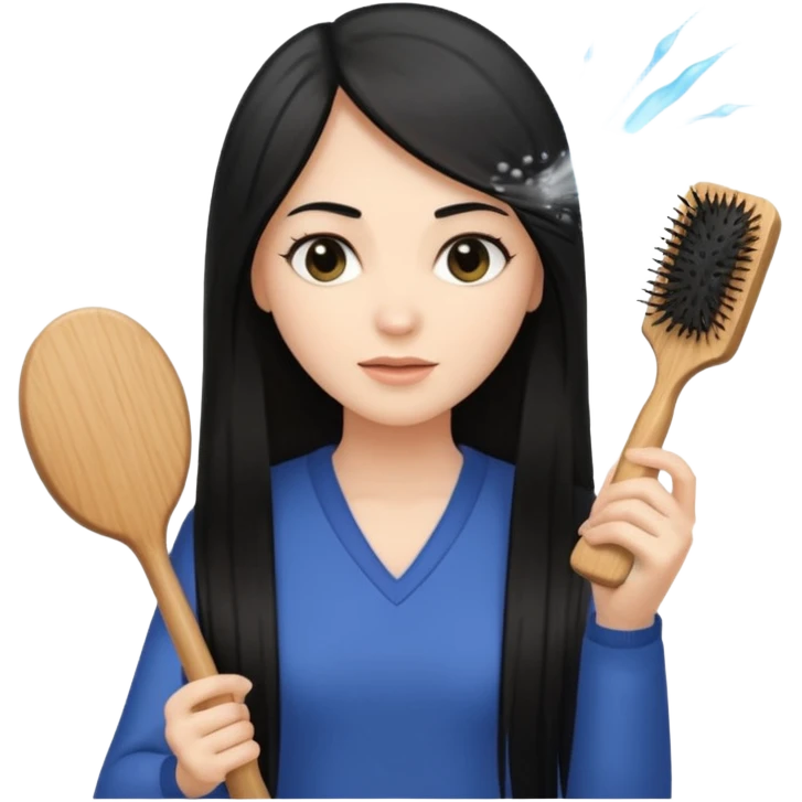 A white woman with long, straight black hair, holding a wooden paddle hairbrush in her left hand and spraying a hair mist bottle with her right hand toward her hair. emoji