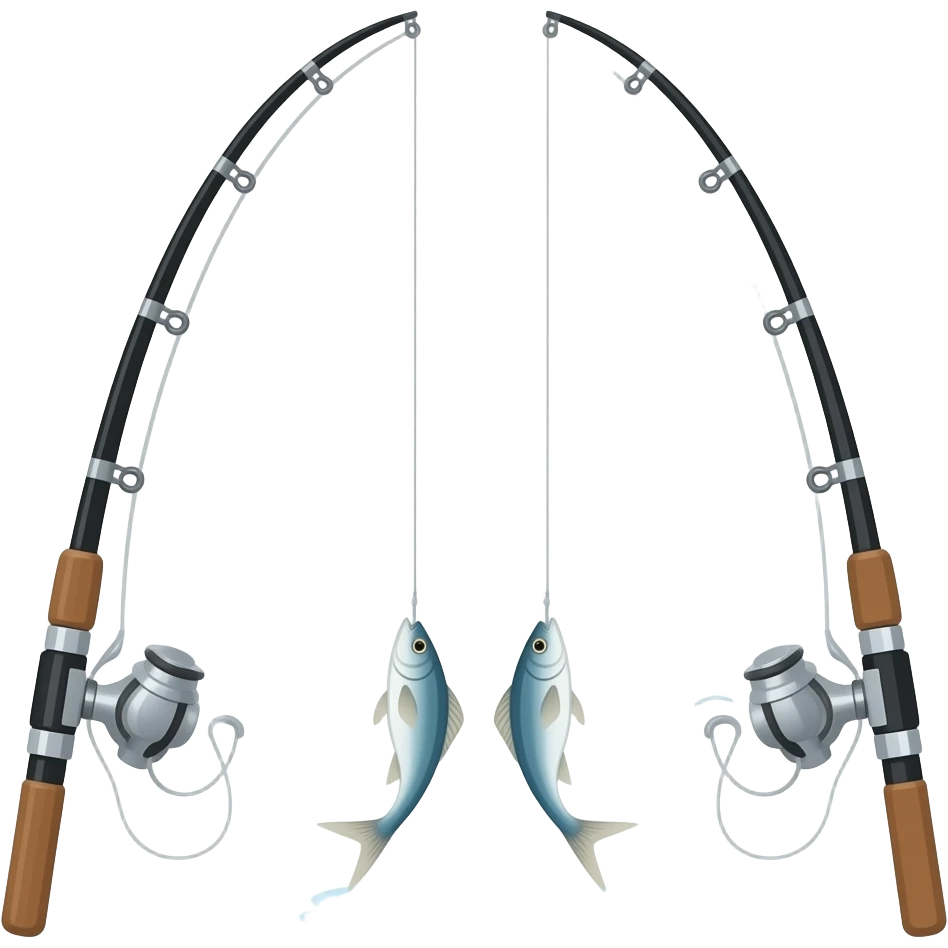 2 fishing rods pov style facing away from the camera with 2 fish on the end of the lines emoji