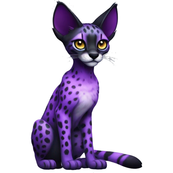 Epic Edgy Colorful Cool Cute Realistic Black and Purple ethereal Serval-Fionbri fursona with white belly full body emoji